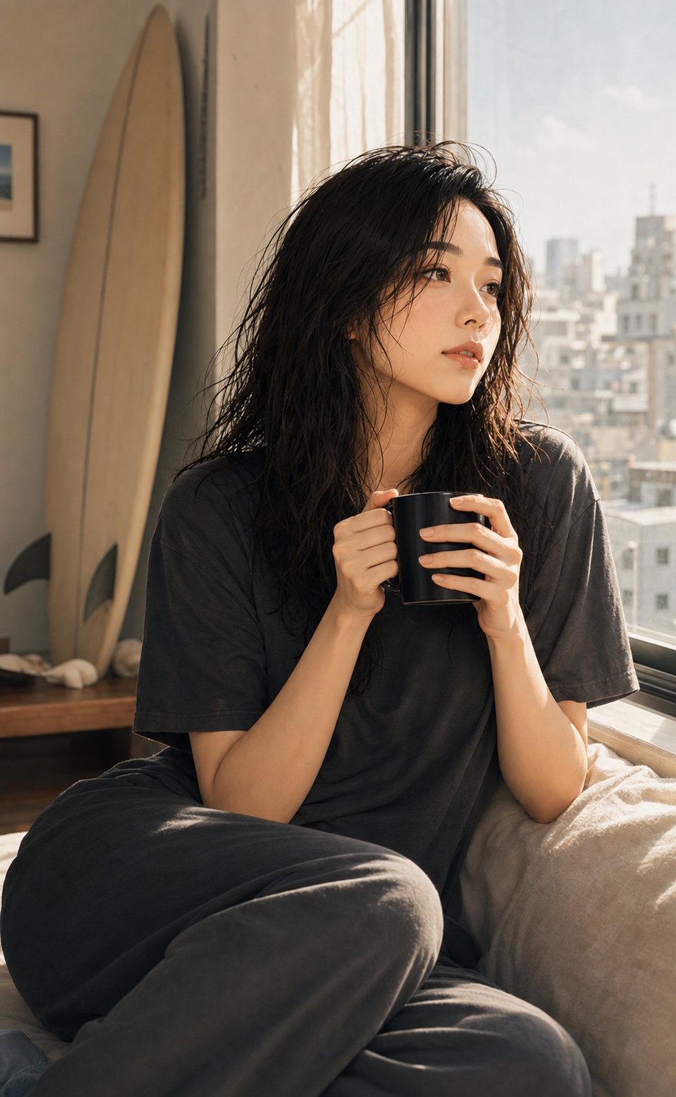 サーフィンのあと、東京の窓辺でマグカップを手に過ごす女性