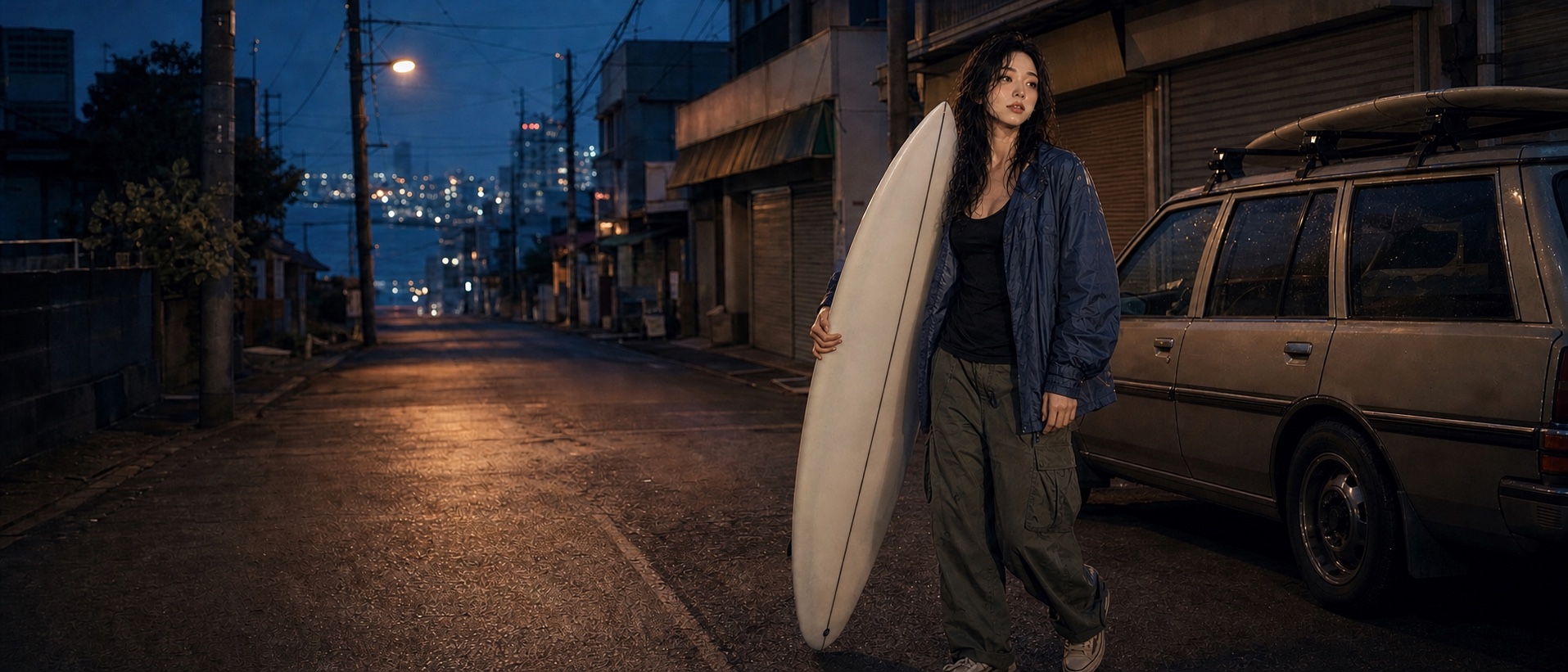 夜明け前の東京で、サーフボードを抱えて海へ向かう女性