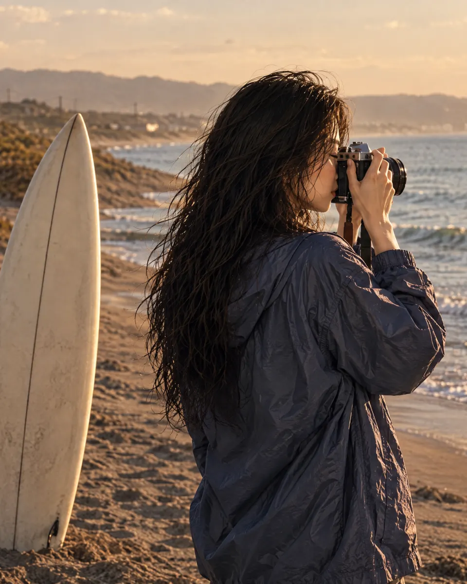 朝の浜で、フィルムカメラを構えて波を撮る女性
